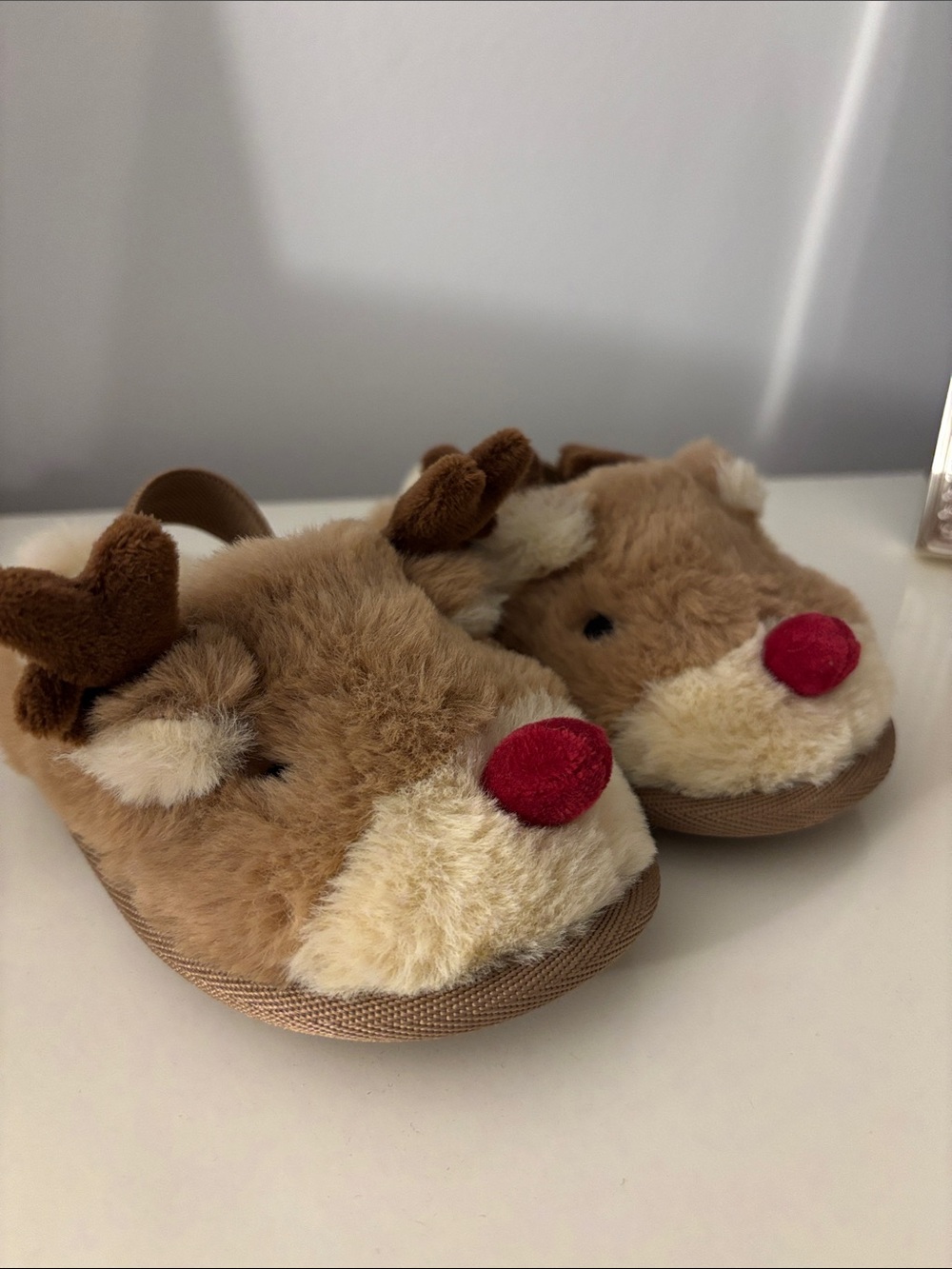 Plush Reindeer Slippers with Red Nose